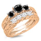 1.50 Carat (ctw) 18K Rose Gold Round Cut Black & White Diamond Ladies Vintage 3 Stone Bridal Engagement Ring With Matching 4 Stone Wedding Band Set 1 1/2 CT