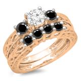 1.50 Carat (ctw) 10K Rose Gold Round Cut Black & White Diamond Ladies Vintage 3 Stone Bridal Engagement Ring With Matching 4 Stone Wedding Band Set 1 1/2 CT