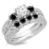 1.50 Carat (ctw) 10K White Gold Round Cut Black & White Diamond Ladies Vintage 3 Stone Bridal Engagement Ring With Matching 4 Stone Wedding Band Set 1 1/2 CT