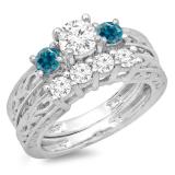 1.50 Carat (ctw) 10K White Gold Round Cut Blue & White Diamond Ladies Vintage 3 Stone Bridal Engagement Ring With Matching 4 Stone Wedding Band Set 1 1/2 CT