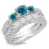 1.50 Carat (ctw) 18K White Gold Round Cut Blue & White Diamond Ladies Vintage 3 Stone Bridal Engagement Ring With Matching 4 Stone Wedding Band Set 1 1/2 CT