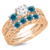 1.50 Carat (ctw) 10K Rose Gold Round Cut Blue & White Diamond Ladies Vintage 3 Stone Bridal Engagement Ring With Matching 4 Stone Wedding Band Set 1 1/2 CT