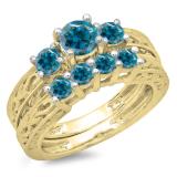 1.50 Carat (ctw) 10K Yellow Gold Round Cut Blue Diamond Ladies Vintage 3 Stone Bridal Engagement Ring With Matching 4 Stone Wedding Band Set 1 1/2 CT