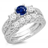 1.50 Carat (ctw) 10K White Gold Round Cut Blue Sapphire & White Diamond Ladies Vintage 3 Stone Bridal Engagement Ring With Matching 4 Stone Wedding Band Set 1 1/2 CT