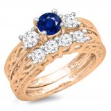 1.50 Carat (ctw) 14K Rose Gold Round Cut Blue Sapphire & White Diamond Ladies Vintage 3 Stone Bridal Engagement Ring With Matching 4 Stone Wedding Band Set 1 1/2 CT