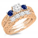 1.50 Carat (ctw) 14K Rose Gold Round Cut Blue Sapphire & White Diamond Ladies Vintage 3 Stone Bridal Engagement Ring With Matching 4 Stone Wedding Band Set 1 1/2 CT