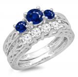 1.50 Carat (ctw) 18K White Gold Round Cut Blue Sapphire & White Diamond Ladies Vintage 3 Stone Bridal Engagement Ring With Matching 4 Stone Wedding Band Set 1 1/2 CT