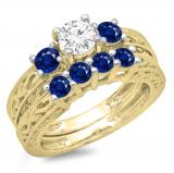 1.50 Carat (ctw) 14K Yellow Gold Round Cut Blue Sapphire & White Diamond Ladies Vintage 3 Stone Bridal Engagement Ring With Matching 4 Stone Wedding Band Set 1 1/2 CT