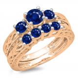 1.50 Carat (ctw) 14K Rose Gold Round Cut Blue Sapphire Ladies Vintage 3 Stone Bridal Engagement Ring With Matching 4 Stone Wedding Band Set 1 1/2 CT