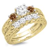 1.50 Carat (ctw) 10K Yellow Gold Round Cut Champagne & White Diamond Ladies Vintage 3 Stone Bridal Engagement Ring With Matching 4 Stone Wedding Band Set 1 1/2 CT