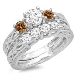 1.50 Carat (ctw) 14K White Gold Round Cut Champagne & White Diamond Ladies Vintage 3 Stone Bridal Engagement Ring With Matching 4 Stone Wedding Band Set 1 1/2 CT