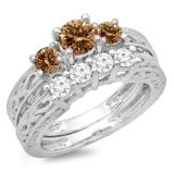 1.50 Carat (ctw) 18K White Gold Round Cut Champagne & White Diamond Ladies Vintage 3 Stone Bridal Engagement Ring With Matching 4 Stone Wedding Band Set 1 1/2 CT