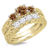 1.50 Carat (ctw) 18K Yellow Gold Round Cut Champagne & White Diamond Ladies Vintage 3 Stone Bridal Engagement Ring With Matching 4 Stone Wedding Band Set 1 1/2 CT