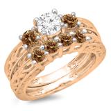 1.50 Carat (ctw) 18K Rose Gold Round Cut Champagne & White Diamond Ladies Vintage 3 Stone Bridal Engagement Ring With Matching 4 Stone Wedding Band Set 1 1/2 CT