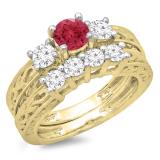 1.50 Carat (ctw) 10K Yellow Gold Round Cut Red Ruby & White Diamond Ladies Vintage 3 Stone Bridal Engagement Ring With Matching 4 Stone Wedding Band Set 1 1/2 CT