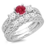 1.50 Carat (ctw) 18K White Gold Round Cut Red Ruby & White Diamond Ladies Vintage 3 Stone Bridal Engagement Ring With Matching 4 Stone Wedding Band Set 1 1/2 CT