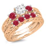1.50 Carat (ctw) 10K Rose Gold Round Cut Red Ruby & White Diamond Ladies Vintage 3 Stone Bridal Engagement Ring With Matching 4 Stone Wedding Band Set 1 1/2 CT