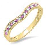 0.15 Carat (ctw) 10K Yellow Gold Round Pink Sapphire & White Diamond Ladies Anniversary Wedding Band Guard Ring