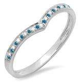 0.10 Carat (ctw) 10k White Gold Round Real Blue & White Diamond Ladies Wedding Stackable Band Anniversary Guard Chevron Ring 1/10 CT