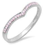 0.10 Carat (ctw) 14k White Gold Round Real Pink Sapphire Ladies Wedding Stackable Band Anniversary Guard Chevron Ring 1/10 CT