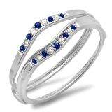 0.12 Carat (ctw) 14K White Gold Round Blue Sapphire & White Diamond Ladies Anniversary Enhancer Guard Wedding Band