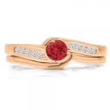 0.50 Carat (ctw) 18K Rose Gold Round Red Ruby & White Diamond Ladies Bridal Engagement Ring Set Matching Band 1/2 CT
