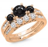 1.80 Carat (ctw) 10K Rose Gold Round Black & White Diamond Ladies Bridal 3 Stone Engagement Ring With Matching Band Set