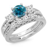 1.80 Carat (ctw) 10K White Gold Round Blue & White Diamond Ladies Bridal 3 Stone Engagement Ring With Matching Band Set