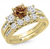1.80 Carat (ctw) 14K Yellow Gold Round Champagne & White Diamond Ladies Bridal 3 Stone Engagement Ring With Matching Band Set