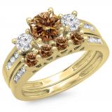 1.80 Carat (ctw) 18K Yellow Gold Round Champagne & White Diamond Ladies Bridal 3 Stone Engagement Ring With Matching Band Set