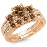 1.80 Carat (ctw) 18K Rose Gold Round Champagne & White Diamond Ladies Bridal 3 Stone Engagement Ring With Matching Band Set