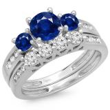 1.80 Carat (ctw) 10K White Gold Round Blue Sapphire & White Diamond Ladies Bridal 3 Stone Engagement Ring With Matching Band Set