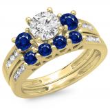 1.80 Carat (ctw) 18K Yellow Gold Round Blue Sapphire & White Diamond Ladies Bridal 3 Stone Engagement Ring With Matching Band Set