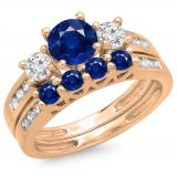 1.80 Carat (ctw) 10K Rose Gold Round Blue Sapphire & White Diamond Ladies Bridal 3 Stone Engagement Ring With Matching Band Set