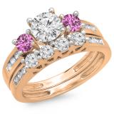 1.80 Carat (ctw) 18K Rose Gold Round Pink Sapphire & White Diamond Ladies Bridal 3 Stone Engagement Ring With Matching Band Set