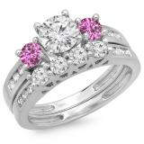 1.80 Carat (ctw) 18K White Gold Round Pink Sapphire & White Diamond Ladies Bridal 3 Stone Engagement Ring With Matching Band Set