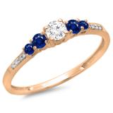 0.40 Carat (ctw) 14K Rose Gold Round Cut Blue Sapphire & White Diamond Ladies Bridal 5 Stone Engagement Ring