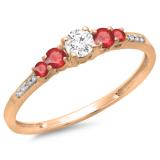 0.40 Carat (ctw) 14K Rose Gold Round Cut Red Ruby & White Diamond Ladies Bridal 5 Stone Engagement Ring