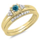 0.30 Carat (ctw) 10K Yellow Gold Round Blue & White Diamond Ladies Split Shank Bridal Engagement Ring Set With Matching Band 1/3 CT