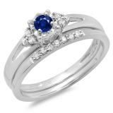 0.30 Carat (ctw) 10K White Gold Round Blue Sapphire & White Diamond Ladies Split Shank Bridal Engagement Ring Set With Matching Band 1/3 CT