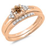 0.30 Carat (ctw) 10K Rose Gold Round Champagne & White Diamond Ladies Split Shank Bridal Engagement Ring Set With Matching Band 1/3 CT