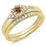 0.30 Carat (ctw) 10K Yellow Gold Round Champagne & White Diamond Ladies Split Shank Bridal Engagement Ring Set With Matching Band 1/3 CT