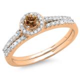 0.65 Carat (ctw) 14K Rose Gold Round Champagne & White Diamond Ladies Bridal Engagement Halo Ring With Matching Band Set