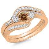 0.60 Carat (ctw) 10K Rose Gold Real Round Champagne & White Diamond Ladies Swirl Style Bridal 3 Stone Engagement Ring With Matching Band Set