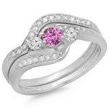 0.60 Carat (ctw) 10K White Gold Real Round Pink Sapphire & White Diamond Ladies Swirl Style Bridal 3 Stone Engagement Ring With Matching Band Set