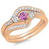 0.60 Carat (ctw) 14K Rose Gold Real Round Pink Sapphire & White Diamond Ladies Swirl Style Bridal 3 Stone Engagement Ring With Matching Band Set