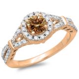 1.00 Carat (ctw) 10K Rose Gold Round Champagne & White Diamond Ladies Split Shank Bridal Engagement Halo Ring 1 CT