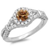 1.00 Carat (ctw) 14K White Gold Round Champagne & White Diamond Ladies Split Shank Bridal Engagement Halo Ring 1 CT