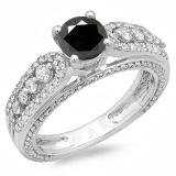 1.75 Carat (ctw) 10K White Gold Round Black & White Diamond Ladies Vintage Style Solitaire With Accents Bridal Engagement Ring 1 3/4 CT