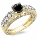 1.75 Carat (ctw) 10K Yellow Gold Round Black & White Diamond Ladies Vintage Style Solitaire With Accents Bridal Engagement Ring 1 3/4 CT